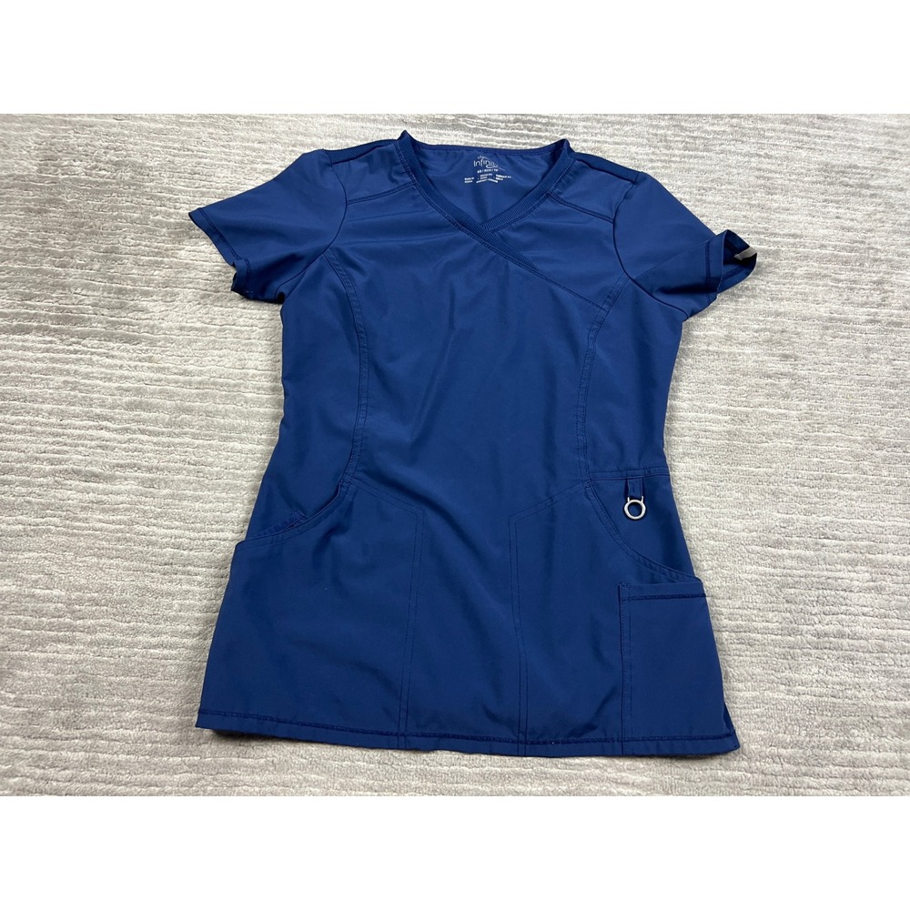 Cherokee Scrub Top Women XS Navy Blue‎ Infinity 2625A Mock Wrap V-Neck Stretch